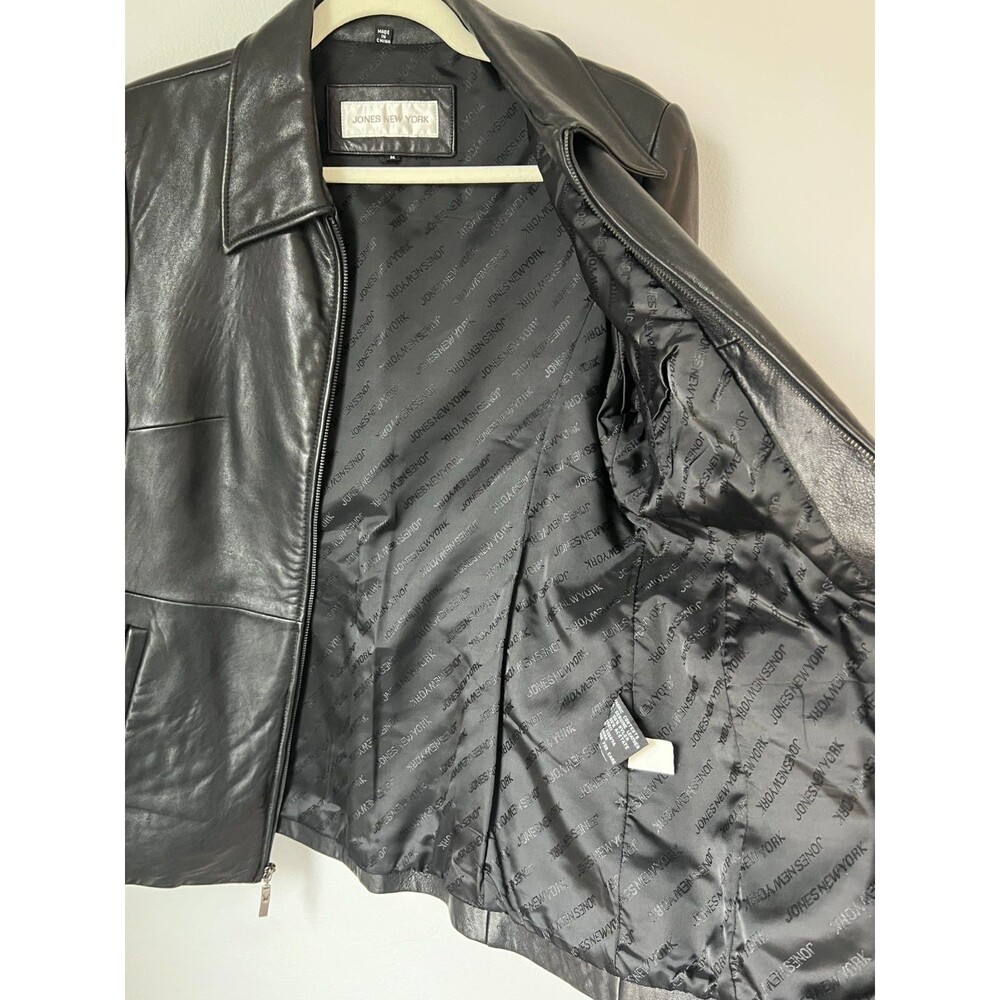 Jones New York Jacket Womens Medium Black Genuine Leather Zip Front Collared Vtg - Picture 3 of 16